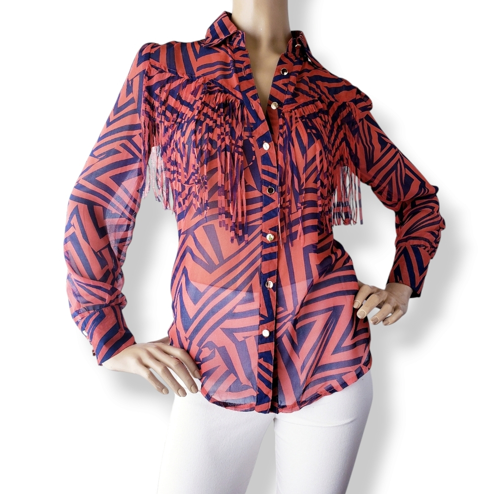Deco Red & Blue Chiffon Western Geometric Print Fringe Blouse Size Small